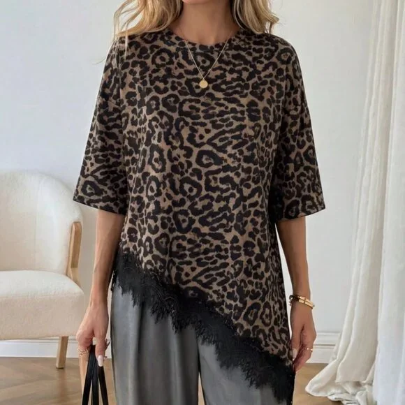 Multicolor Casual Women's Leopard Print Lace Patchwork Short Sleeve T-Shirt - Picture 5 of 9